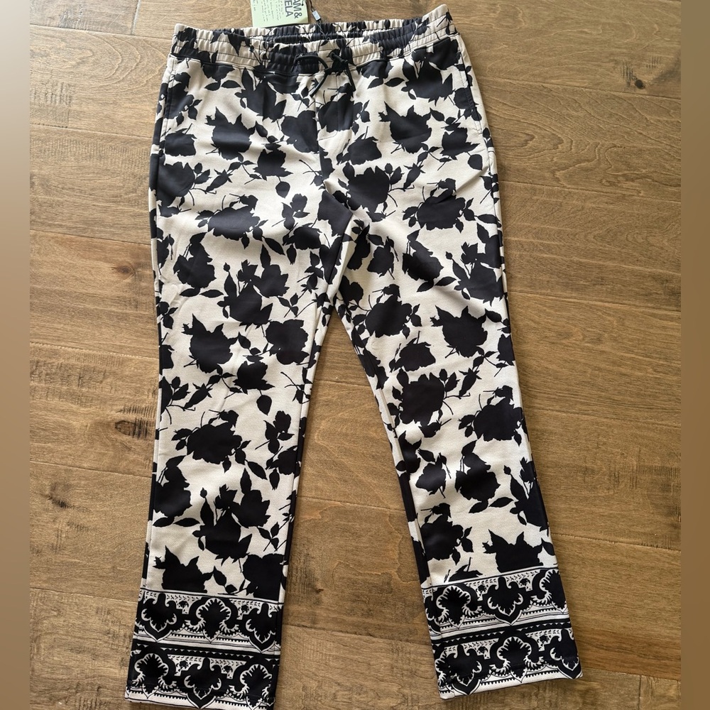 Pam & Gela Black and White Floral Track Pants, NWT, Large